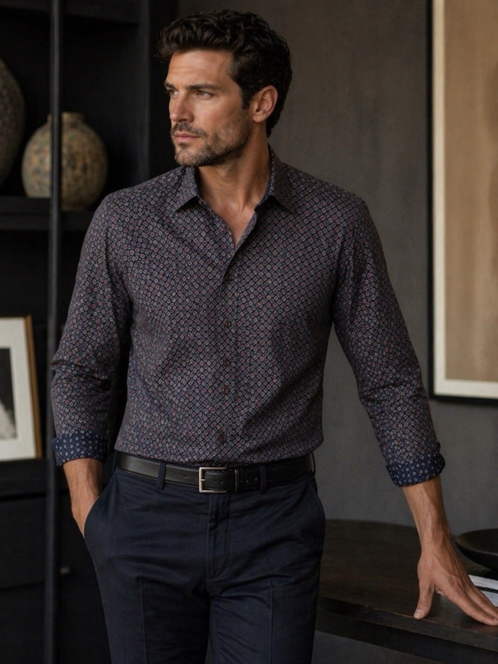 Men's Navy Patterned Long-Sleeve Button-Down Shirt | XL